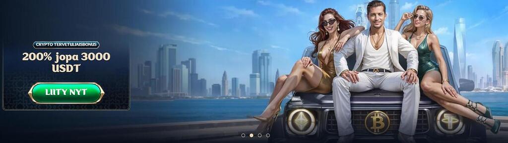 Mainosbanneri Millioner Casinon kryptotervetuliaisbonuksesta: 200 % bonus jopa 3 000 USDT asti. Kuvassa on kolme tyylikästä henkilöä istumassa luksusauton päällä kaupunkimaisemassa, ja autossa on kryptovaluuttojen (Ethereum, Bitcoin, Tether) tunnuksia.