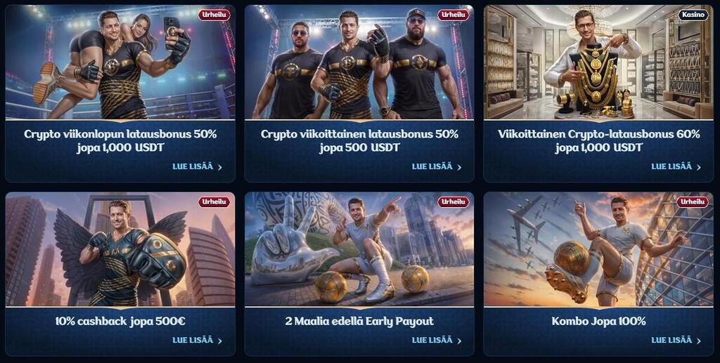 Kuvakooste Millioner Casinon eri kampanjoista. Tarjouksiin kuuluu muun muassa 50–60 % crypto-latausbonuksia, 10 % cashback, "2 maalia edellä" -ennakkomaksu urheiluun sekä jopa 100 % kombo-bonus vedonlyöntiin.