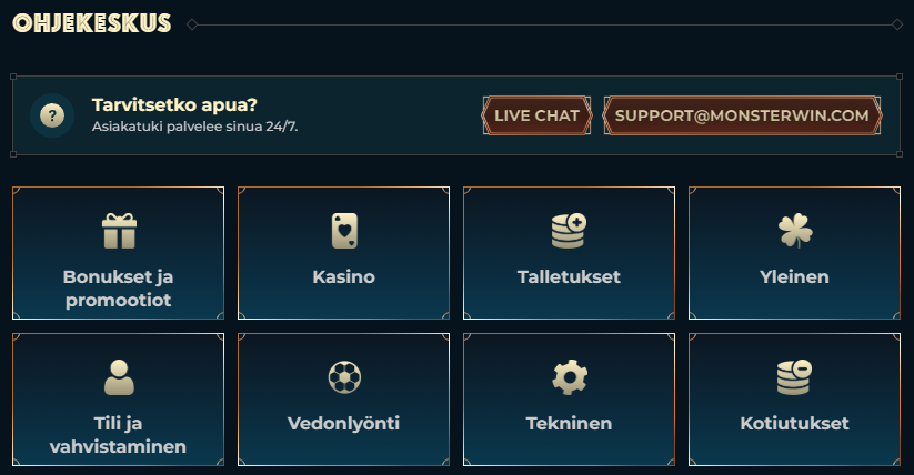 Monsterwin-kasinon ohjekeskus-sivu. Ylhäällä on painikkeet live-chattiin ja asiakastuen sähköpostiosoitteeseen. Alla on kahdeksan ruutua eri aiheille, kuten bonukset ja promootiot, talletukset, tili ja vahvistaminen sekä kotiutukset.