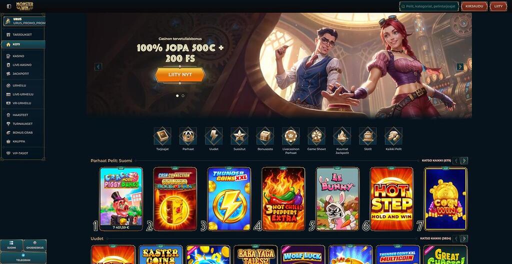 Monsterwin-kasinon etusivu, jossa on steampunk-tyylinen teema. Pääbannerissa kaksi hahmoa mainostaa tervetuliaisbonusta: 100 prosenttia jopa 500 euroon asti plus 200 ilmaiskierrosta. Sivupalkissa on valikko kasinolle, vedonlyöntiin ja haasteisiin. Alla näkyy parhaat ja uudet pelit.
