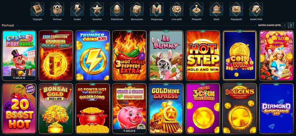 Monsterwinin peliaula, jossa on steampunk-henkiset kategoriakuvakkeet. Ruudukossa on esillä suosittuja pelejä, kuten 3 Hot Chili Peppers Extra ja Hot Step Hold and Win. Jokaisen pelin kohdalla on merkintä, jos se on uusi tai sisältää ostobonus-mahdollisuuden.