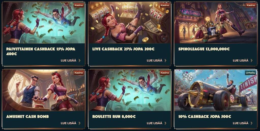 Monsterwinin kampanjasivu kuudella eri tarjouksella. Mukana on päivittäinen 15 prosentin cashback, live-käteispalautus 25 prosenttia, Spinoleague-turnausmainos, Amusnet Cash Bomb, Roulette Run ja vedonlyönnin 10 prosentin cashback.