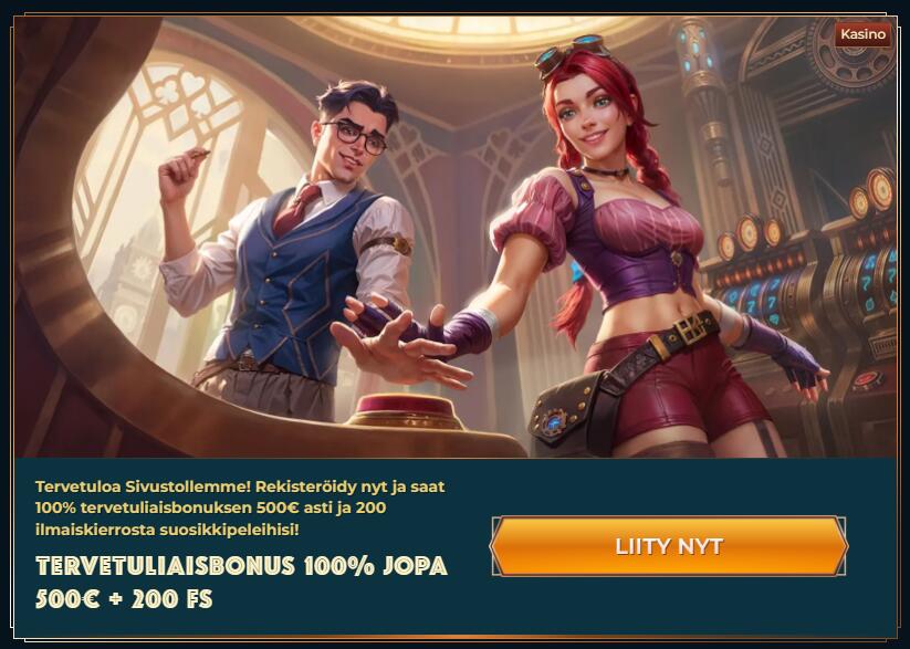 Monsterwin-kasinon tervetuliaistarjouksen mainoskuva. Steampunk-hahmot seisovat pelisalissa ja teksti kertoo 100 prosentin bonuksesta 500 euroon asti ja 200 ilmaiskierroksesta suosikkipeleihin. Oikealla on oranssi Liity nyt -painike.