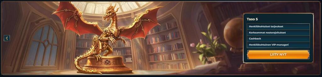 Monsterwinin VIP-ohjelman tason 5 mainosbanneri, jossa on mekaaninen kultainen lohikäärme kirjastossa. Oikealla olevassa laatikossa listataan tason edut: henkilökohtaiset tarjoukset, korkeammat nostorajoitukset, cashback ja henkilökohtainen VIP-manageri.
