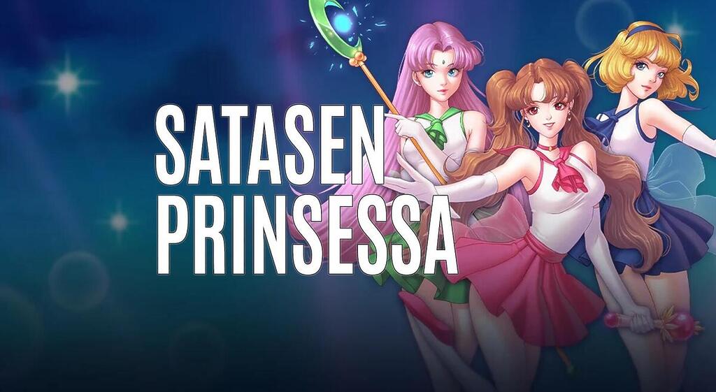Kolme anime-tyylistä prinsessahahmoa taikasauvoineen värikkäässä Moon Princess -pelin kuvituskuvassa, jonka vasemmassa reunassa on valkoinen teksti "SATASEN PRINSESSA".