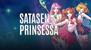 Kolme anime-tyylistä prinsessahahmoa taikasauvoineen värikkäässä Moon Princess -pelin kuvituskuvassa, jonka vasemmassa reunassa on valkoinen teksti "SATASEN PRINSESSA".