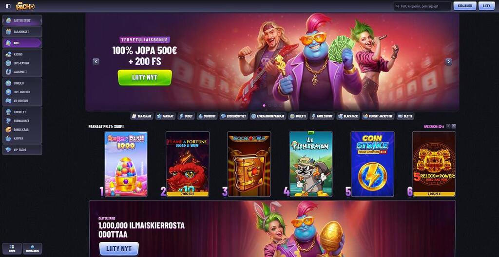 Mr Pacho Casino etusivu, jossa näkyy tervetuliaisbonus 100% jopa 500€ asti ja 200 ilmaiskierrosta sekä suosittuja pelejä.