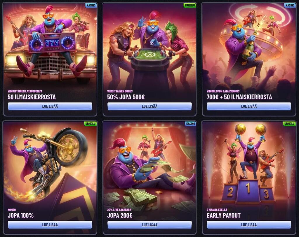 Mr Pacho Casinon kampanjasivu, jossa näkyy viikoittaisia latausbonuksia, ilmaiskierroksia, cashback-etuja ja urheilun Early Payout -toiminto.