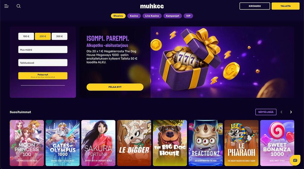 Kuvakaappaus Muhkee Casinon etusivulta, jossa näkyy tervetuliaistarjouksen banneri ja suosituimpien kolikkopelien valikoimaa.