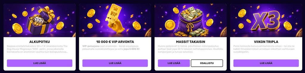 Muhkee Casinon kampanjasivu, jossa esitellään neljä eri etua: Alkupotku, VIP-arvonta, käteispalautus ja Viikon tripla.