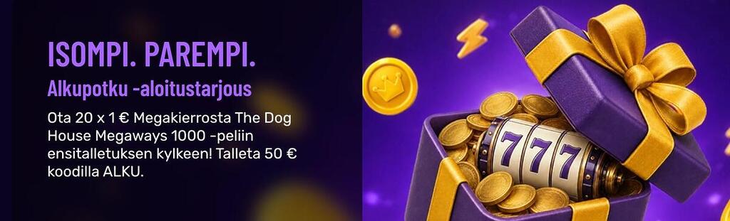 Muhkee Casinon tervetuliaisbonuksen mainosbanneri, jossa tarjotaan 20x 1€ Megakierrosta The Dog House Megaways 1000 -peliin.
