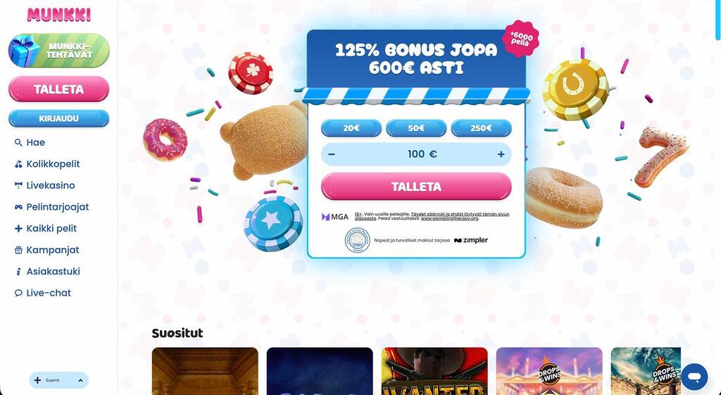 Munkkikasinon etusivunäkymä. Keskellä talletusikkuna, jossa teksti "125 % BONUS JOPA 600 € ASTI". Tarjolla pikavalinnat 20 €, 50 € ja 250 € talletuksille tai oma summa (esim. 100 €). Alla vaaleanpunainen "TALLETA"-painike. Taustalla leijuu munkkeja, pelisiruja ja "M"-kirjaimia. Vasemmalla navigointivalikko.