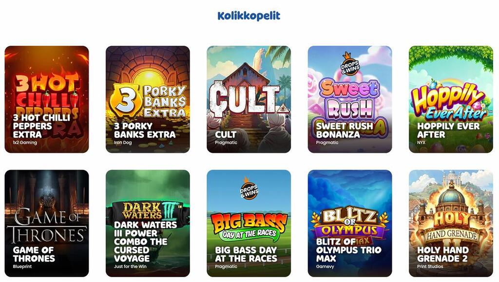 Munkkikasinon "Kolikkopelit"-osion peliruudukko. Esillä on kymmenen kolikkopeliä (mm. 3 Hot Chilli Peppers Extra, Game of Thrones, Big Bass Day at the Races). Jokaisen pelin alla näkyy sen nimi ja pelivalmistaja.