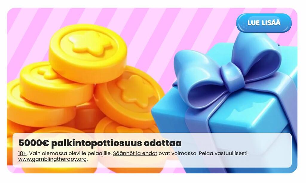 Munkkikasinon kampanjabanneri pinkillä raitataustalla. Kuvassa kasa 3D-kultakolikoita, joissa on tähti, ja vaaleansininen lahjapaketti. Teksti: "5000 € palkintopottiosuus odottaa". Oikeassa yläkulmassa "LUE LISÄÄ" -painike. Alalaidassa vastuullisen pelaamisen pieni teksti ja linkki.