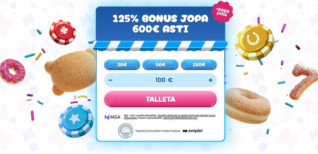Lähikuva Munkkikasinon talletusikkunasta. Keskellä banneri tekstillä "125 % BONUS JOPA 600 € ASTI". Alla painikkeet 20 €, 50 € ja 250 € talletuksille sekä kenttä omalle summalle (esim. 100 €). Alimpana vaaleanpunainen "TALLETA"-painike. Bannerin ympärillä leijuu munkkeja, pelisiruja ja karkkirakeita.