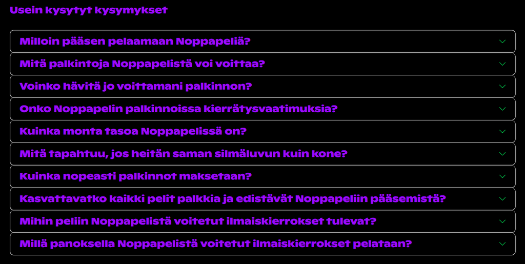 Noppa Casinon Usein kysytyt kysymykset -osio, jossa näkyy lista haitari-valikoista liilloilla teksteillä tummalla pohjalla.