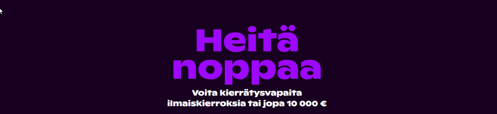 Heitä noppaa -kampanjabanneri Noppa Casinolla, jossa luvataan kierrätysvapaat ilmaiskierrokset tai jopa 10000€ pääpalkinto tummalla taustalla.