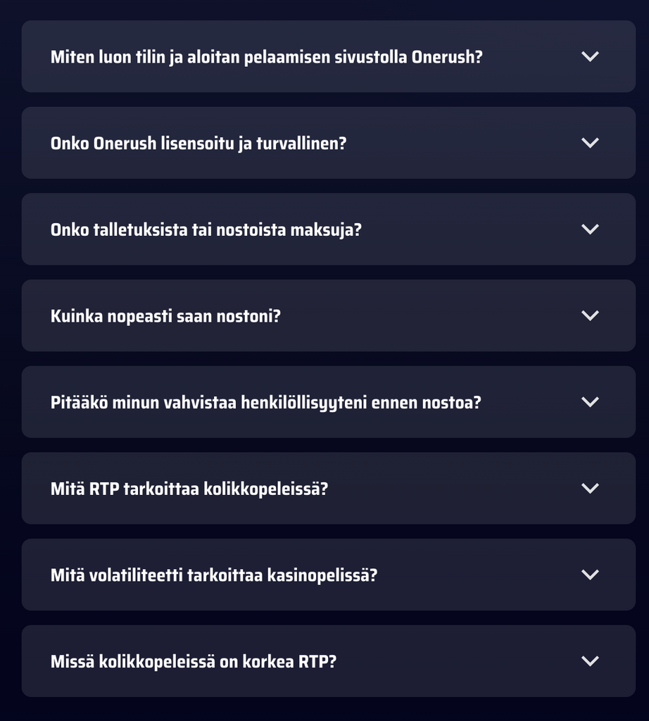 Onerush UKK-osio, jossa kysymyksiä tilin luomisesta, lisenssistä, kotiutuksista ja RTP:stä