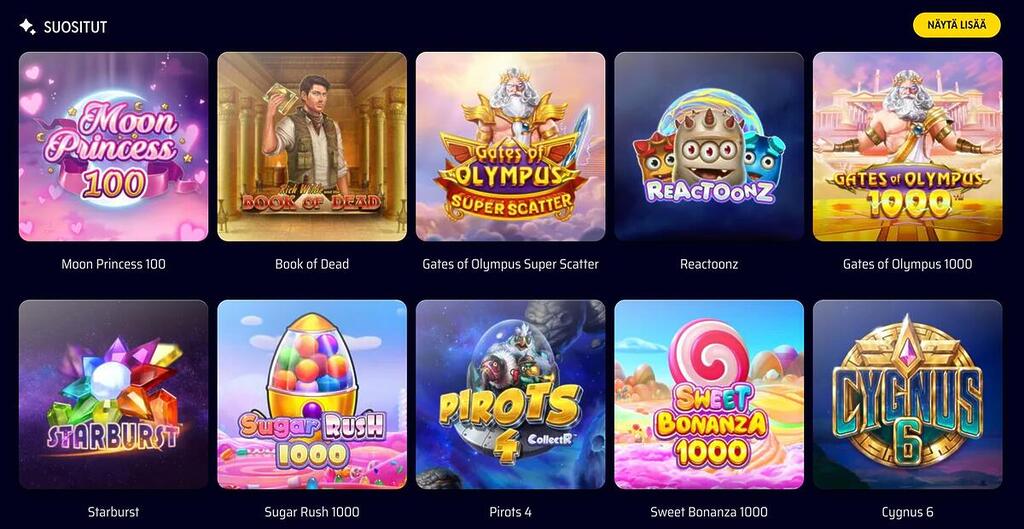 Onerush suosituimmat kolikkopelit, kuten Moon Princess 100, Book of Dead ja Gates of Olympus