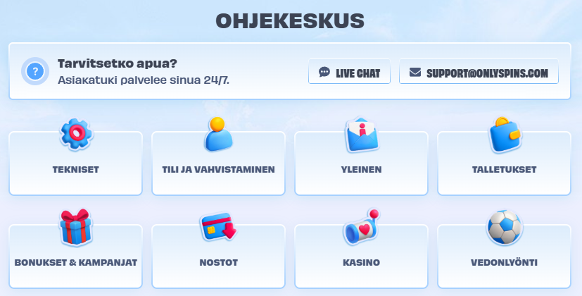 OnlySpins-kasinon ohjekeskus, jossa näkyvät tukikategoriat kuten tekniset asiat, tili ja vahvistaminen, talletukset, nostot, kasinopelit ja vedonlyönti