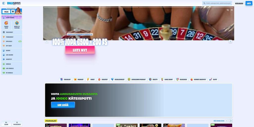 OnlySpins-kasinon etusivu, jossa esillä kasinon tervetuliaisbonus, kampanjat, pelivalikoima sekä rekisteröitymispainike