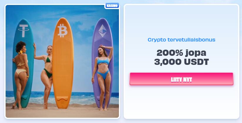 OnlySpins-kasinon kryptobonus, jossa esitellään crypto-tervetuliaisbonus jopa 200% ja 3 000 USDT sekä rekisteröitymispainike