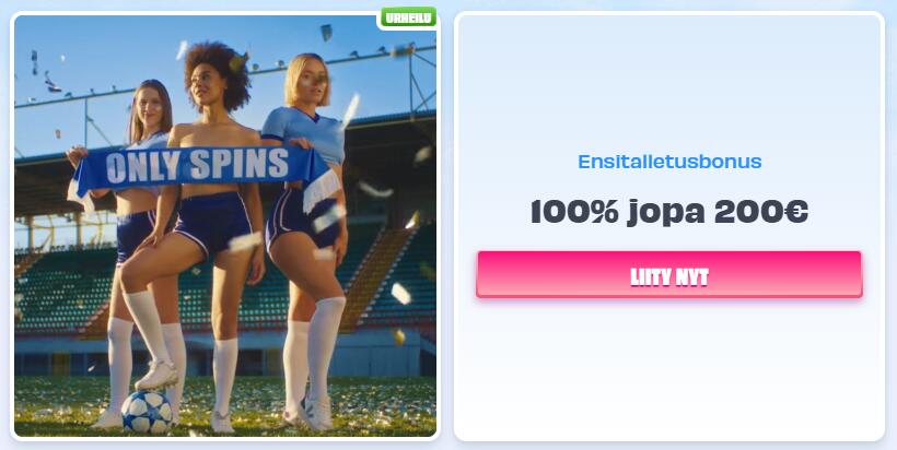 OnlySpins-urheiluvedonlyönnin ensitalletusbonus, jossa tarjolla 100% bonus jopa 200€ urheilupelaajille