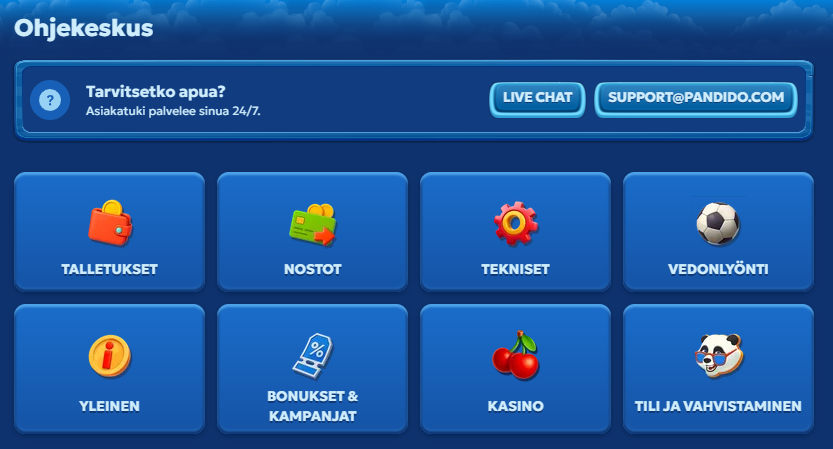 Pandido-kasinon ohjekeskus, jossa näkyvät tukikategoriat kuten talletukset, nostot, tekninen tuki, vedonlyönti, bonukset, kasino ja tilin vahvistaminen sekä live-chat-yhteys