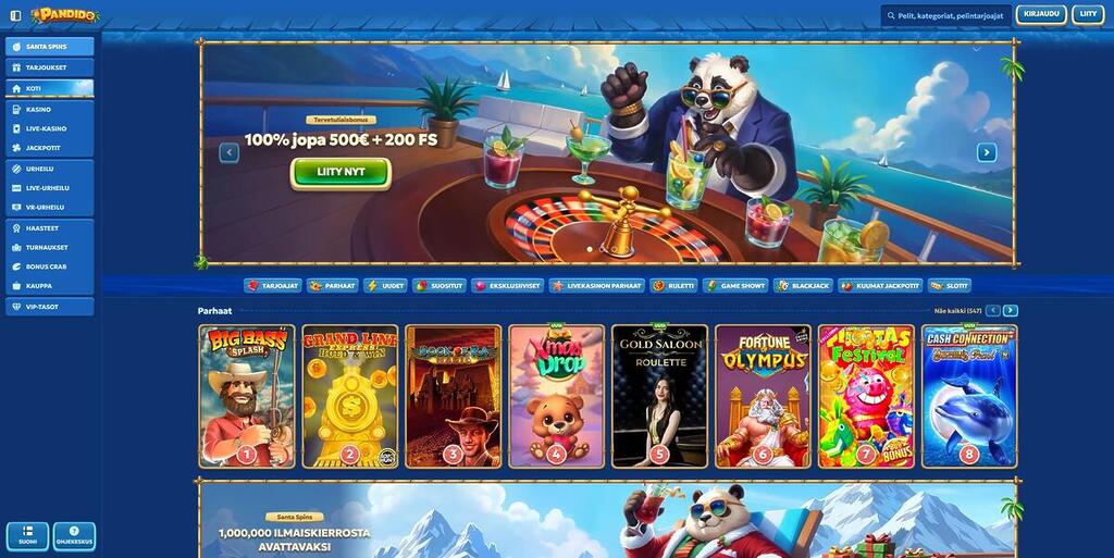 Pandido-kasinon etusivu, jossa panda-hahmo istuu rulettipöydän ääressä ja mainostetaan tervetuliaisbonus 100% jopa 500€ ja 200 ilmaiskierrosta