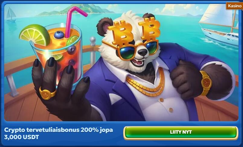 Pandido-kasinon kryptobonus, jossa panda-hahmo pitää juomaa ja mainostetaan crypto tervetuliaisbonus 200% jopa 3,000 USDT