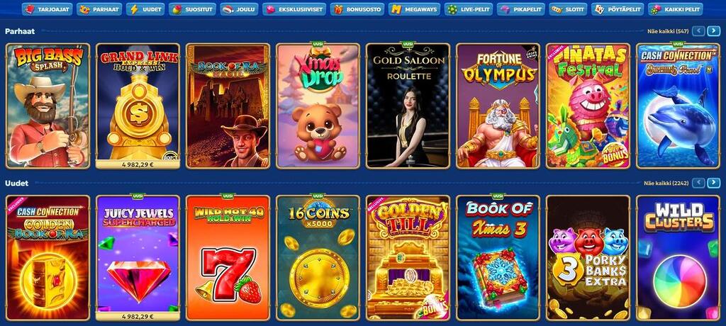 Pandido-kasinon pelivalikoima, jossa näkyvät parhaat ja uudet kolikkopelit eri kategorioissa, kuten Big Bass Splash, Book of Ra, Fortune of Olympus ja jouluteemaiset pelit