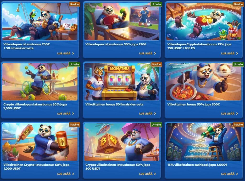 Pandido-kasinon tarjoukset -osio, jossa esillä useita kampanjoita kuten viikonloppubonukset, crypto-bonukset, viikoittaiset bonukset ja cashback-tarjoukset