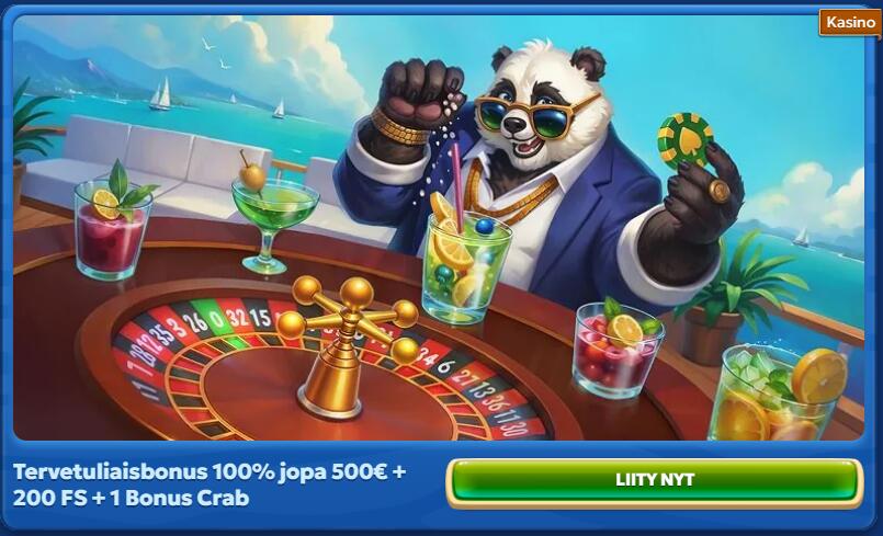 Pandido tervetuliaisbonus -banneri, jossa panda-hahmo rulettipöydän ääressä ja tarjouksena 100% jopa 500€ + 200 ilmaiskierrosta ja Bonus Crab