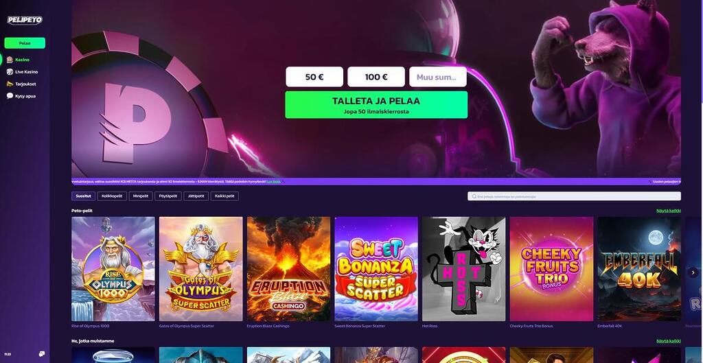 Pelipeto Casinon etusivun näkymä, jossa on tumma ja violetti teema. Yläpalkissa on pikatalletusosio tekstillä "Talleta ja pelaa – jopa 50 ilmaiskierrosta" ja oikealla puolella näkyy hupparipäinen susihahmo. Bannerin alapuolella on esillä "Peto-pelit" -kategorian kolikkopelejä, kuten Rise of Olympus 1000 ja Gates of Olympus.