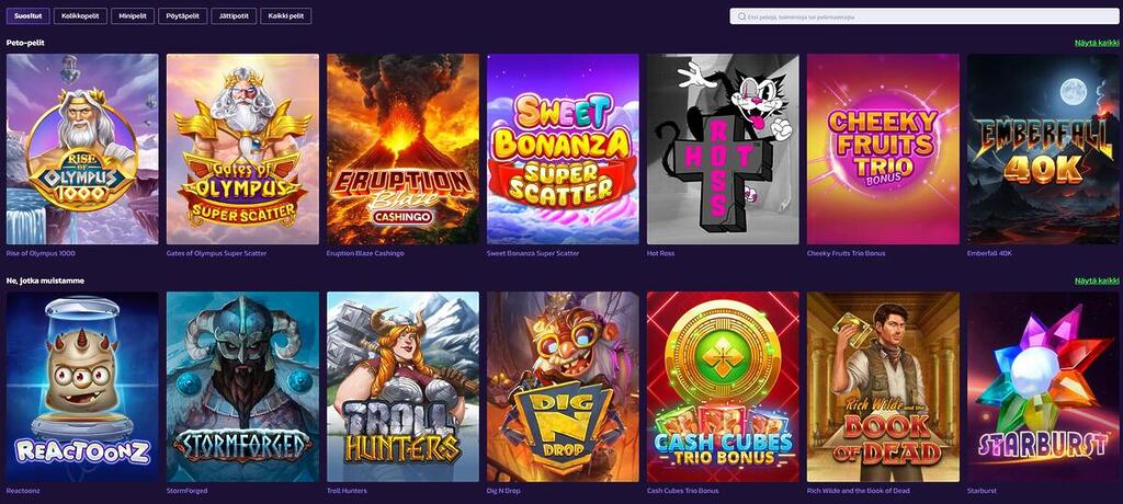 Pelipeto Casinon pelivalikoiman selausnäkymä, jossa on siisteissä riveissä suosittujen kolikkopelien kuvakkeita, kuten Eruption Blaze, Sweet Bonanza, Reactoonz, Stormforged ja Book of Dead. Yläreunassa näkyvät kategoriasuodattimet, kuten kolikkopelit, minipelit ja jättipotit.