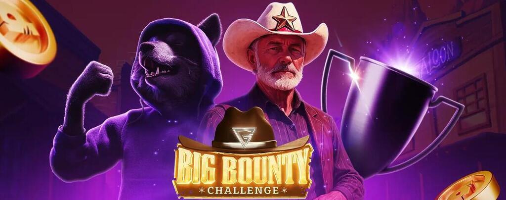 Pelipeto Casinon "Big Bounty Challenge" -kampanjan banneri, jossa on villin lännen teema. Kuvassa poseeraavat hupparipäinen susihahmo ja cowboy-hattuinen vanhempi mies saluunan edustalla, ja heidän vieressään kimmeltää suuri voittopokaali.