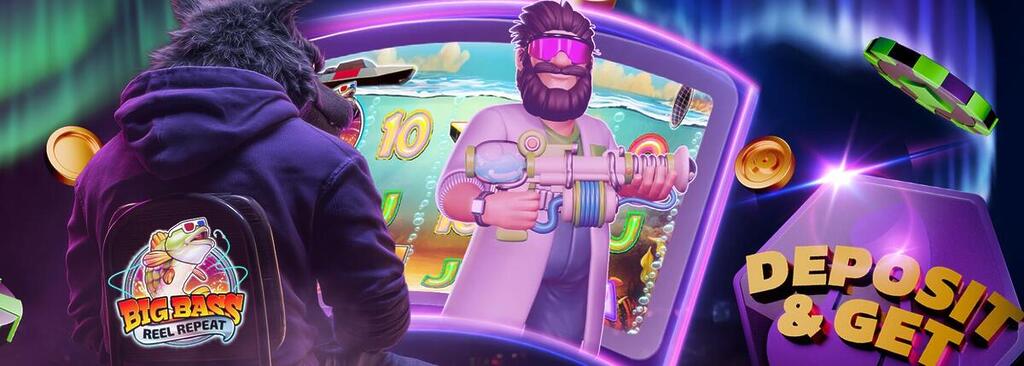 Pelipeto Casinon "Deposit & Get" -tervetuliaistarjouksen mainosbanneri, jossa esitellään Big Bass Reel Repeat -kolikkopeliä. Kuvassa hupparipäinen susihahmo katsoo peliruutua, jossa tiedemies pitelee futuristista asetta. Ympärillä lentää pelimerkkejä ja taustalla loistavat revontulet.