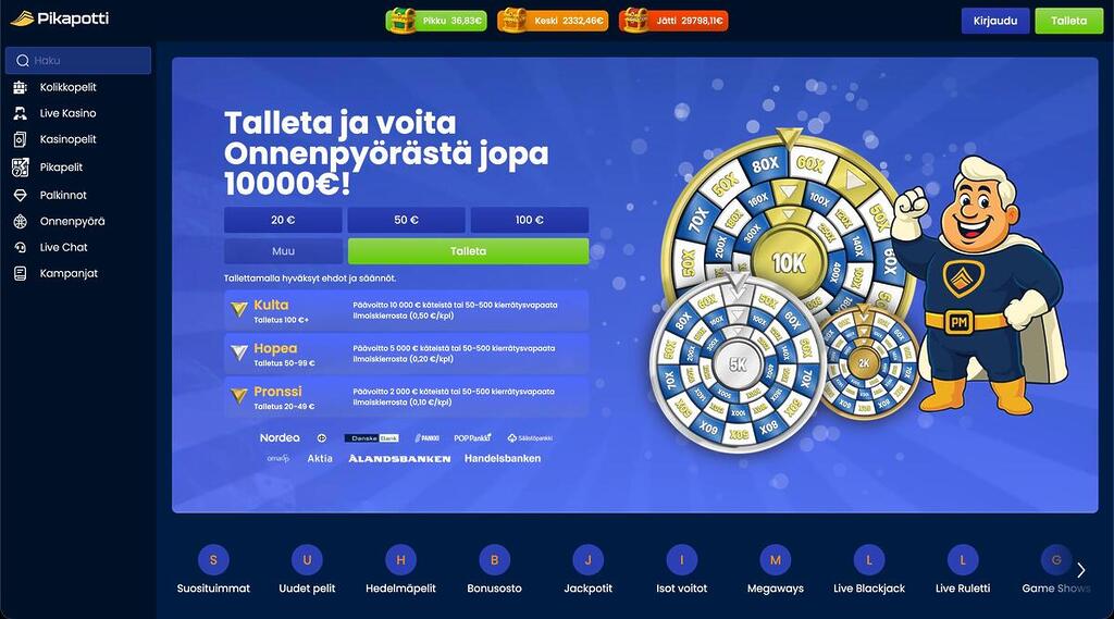 Pikapotti-kasinon etusivu, jossa esitellään Onnenpyörä-kampanja ja mahdollisuus voittaa jopa 10 000 euroa tallettamalla