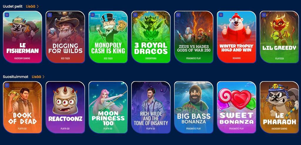 Pikapotti-kasinon pelivalikoima, jossa näkyy uudet ja suositut kolikkopelit kuten Book of Dead, Reactoonz ja Sweet Bonanza
