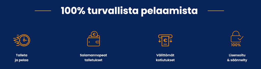 Pikapotti-kasinon turvallisuusosio, jossa esitellään salamannopeat talletukset, välittömät kotiutukset sekä lisensoitu ja säännelty pelaaminen