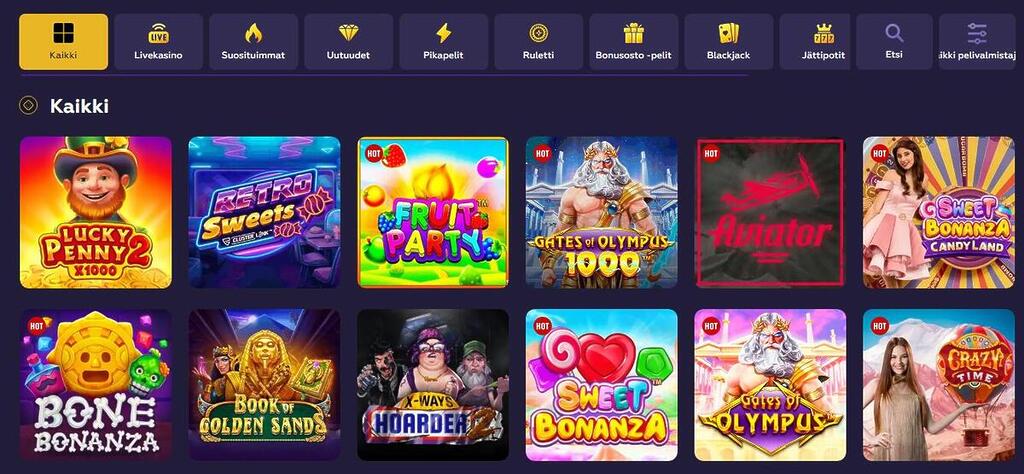 Playfina-kasinon pelivalikoima, jossa esillä kolikkopelit ja pikapelit eri kategorioissa, kuten Gates of Olympus, Sweet Bonanza ja Aviator