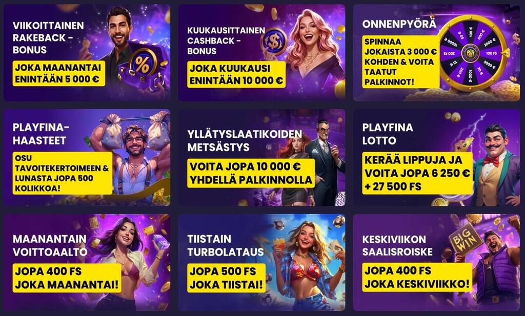 Playfina-kasinon tarjoukset -osio, jossa näkyvät viikoittainen rakeback, kuukausittainen cashback, onnenpyörä, haasteet ja päivittäiset ilmaiskierrokset