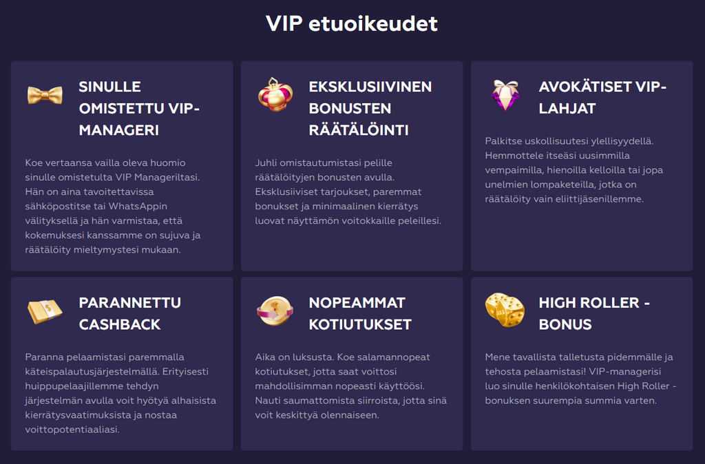 Playfina VIP -etuudet -osio, jossa esitellään VIP-manageri, räätälöidyt bonukset, VIP-lahjat, parannettu cashback, nopeat kotiutukset ja high roller -bonus