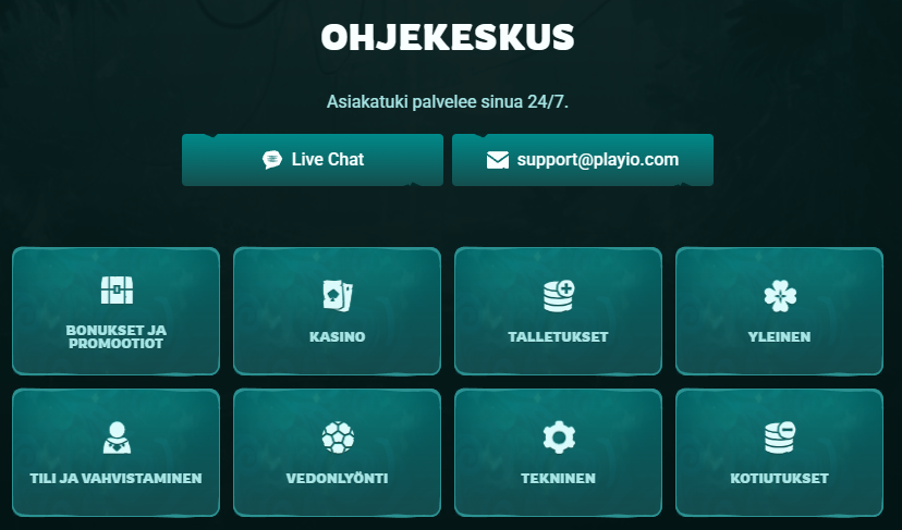 Playio-kasinon ohjekeskus, jossa on painikkeet live-chattiin ja sähköpostitukeen sekä kategorioita UKK-kysymyksille.