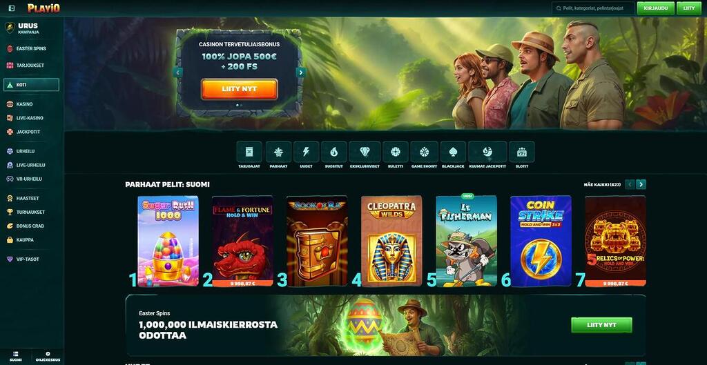 Playio-kasinon viidakkoteemainen etusivu, jossa näkyy tervetuliaisbonus 100 % 500 € asti + 200 ilmaiskierrosta sekä suosituimpia kolikkopelejä.