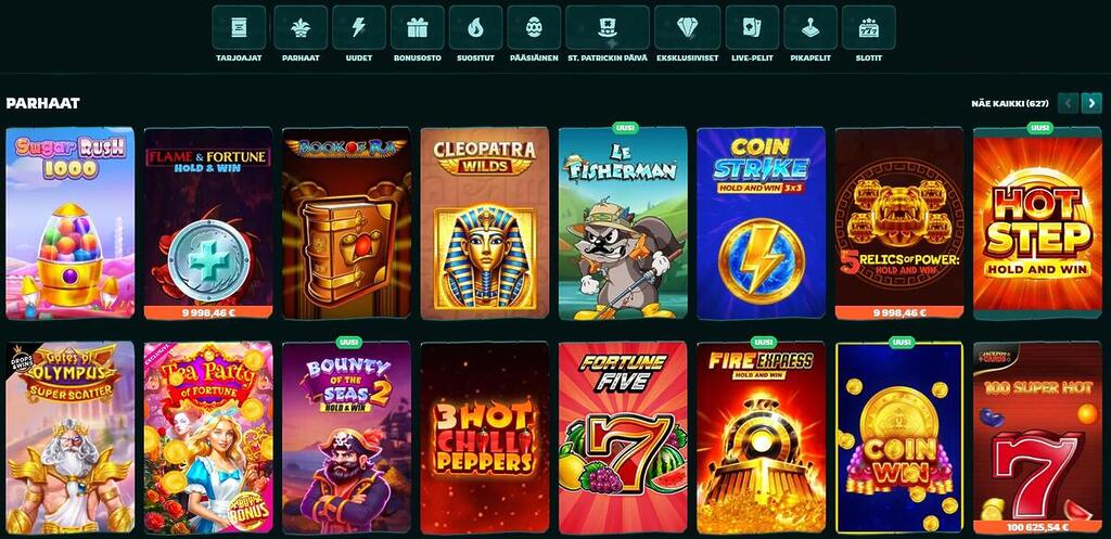 Playio-kasinon pelivalikoima, jossa on esillä suosittuja slotteja kuten Sugar Rush 1000, Book of Ra ja Gates of Olympus.