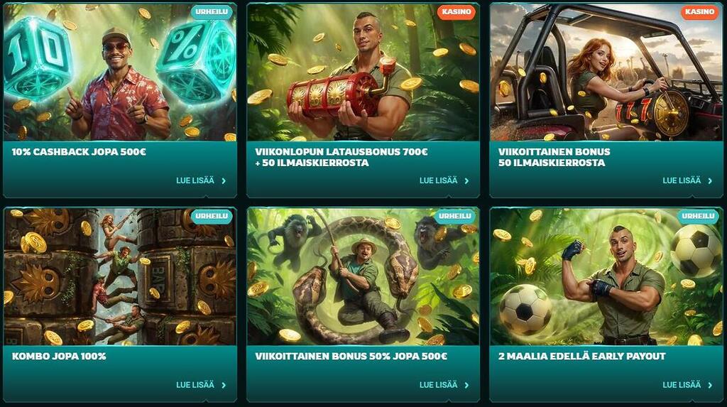 Playio-kasinon tarjoukset, mukaan lukien 10 % cashback, viikonlopun latausbonus 700 € + 50 ilmaiskierrosta ja urheilun viikoittainen bonus.