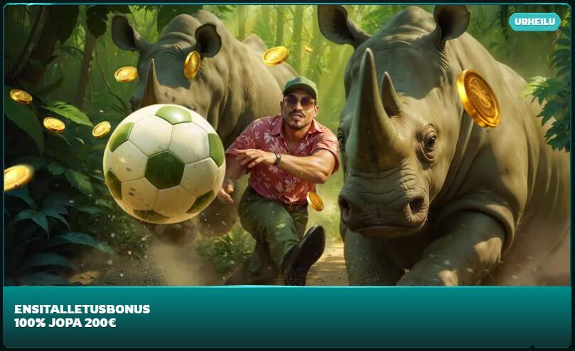 Playio-kasinon urheilun ensitalletusbonus 100 % jopa 200 € asti. Kuvituksessa seikkailuteema, jalkapallo ja sarvikuonoja.