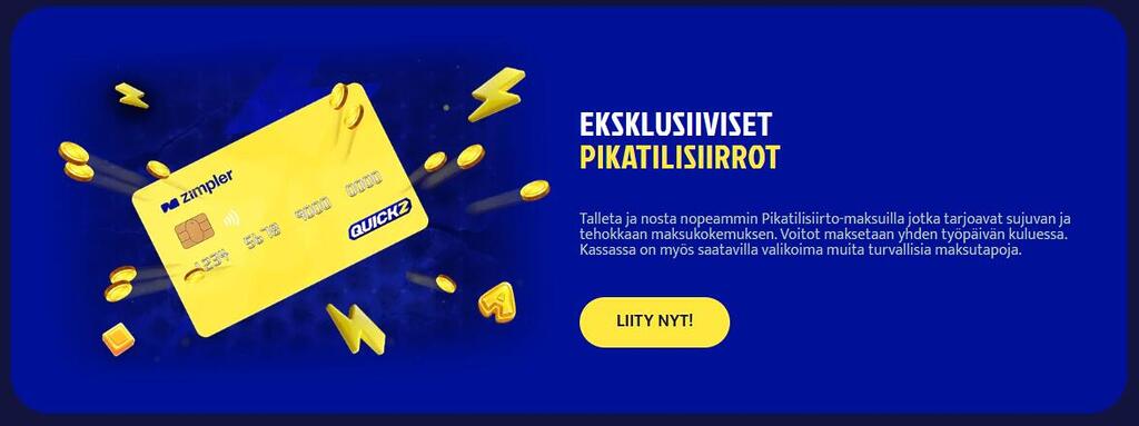 Quickz Casino kampanjabanneri esittelee eksklusiiviset pikatilisiirrot keltaisella Zimpler-luottokortilla sinisellä taustalla.