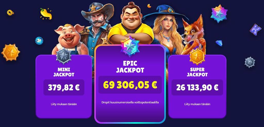 Quickz Casinon kolme eri jackpot-tasoa: Mini Jackpot 379,82€, Epic Jackpot 69306,05€ ja Super Jackpot 26133,90€.